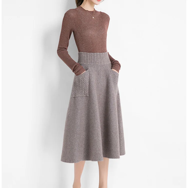 Winter Thick Wool Knitting Long Skirts With Pocket OG0693