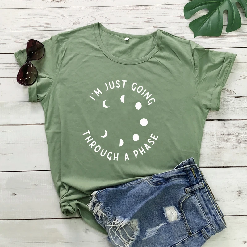 olive-white text Футболка с надписью I'm Just ging A Phase черная Готическая футболка с изображением небесной Луны ведьмы повседневные женские черные футболки с графическим изображением ведьмы - Цвет: olive-white text