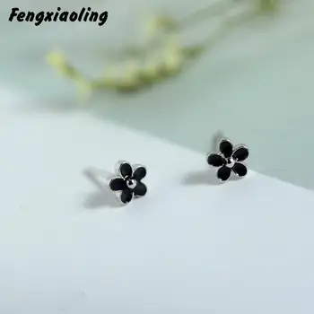 

100% Real 925 Sterling Silver Cute Black Drop Glaze Stud Earrings For Women Simple Flower Party Elegant Earings Fashion Jewelry