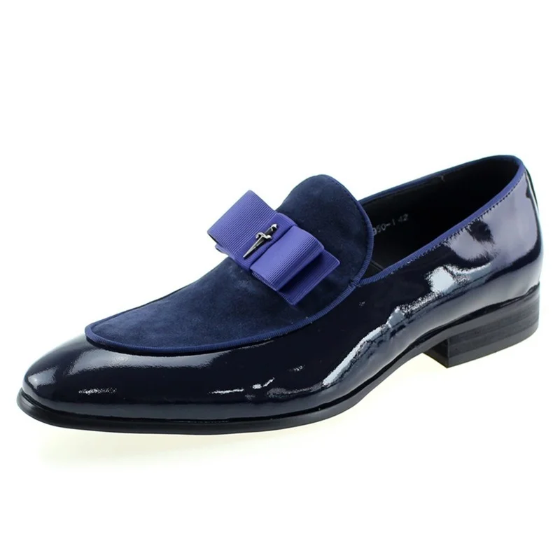 

Handmade Genuine Patent Leather and Nubuck Leather Patchwork with Bow Tie Men Wedding Black Dress Shoes Men's Banquet Loafers