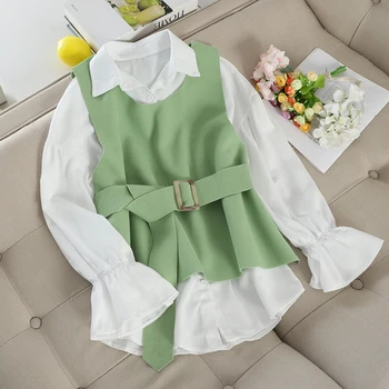 

2020 New Spring Autumn Top Set Student Korean Loose-Fit Simple Long Sleeve Shirt + Vest Two-Piece Set Women Blouse Casual Tops