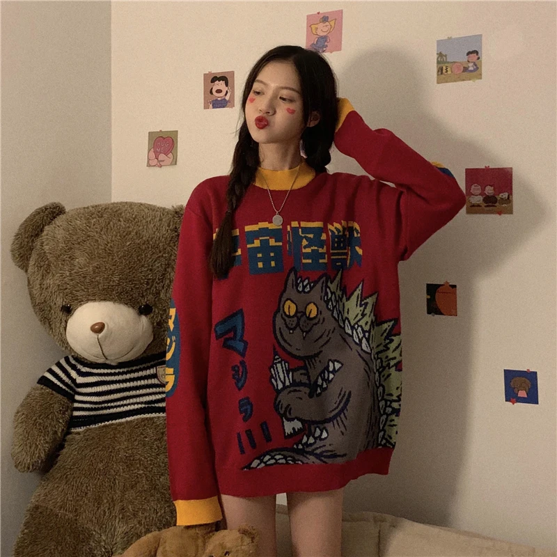 Японский свитер женский Зимний Harajuku Мультфильм BF Забавный с капюшоном о-образным вырезом модный Свободный Повседневный женский свитер