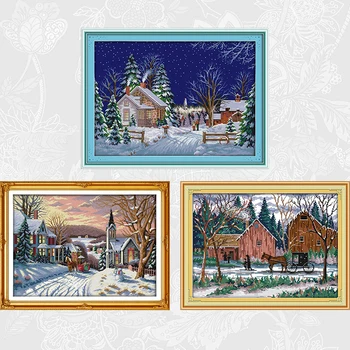 

Joy sunday Country Walks Printed Canvas Cross Stitch DIY Handmade Needlework Snow Scene Cross-stitch Kits Embroidery Sets