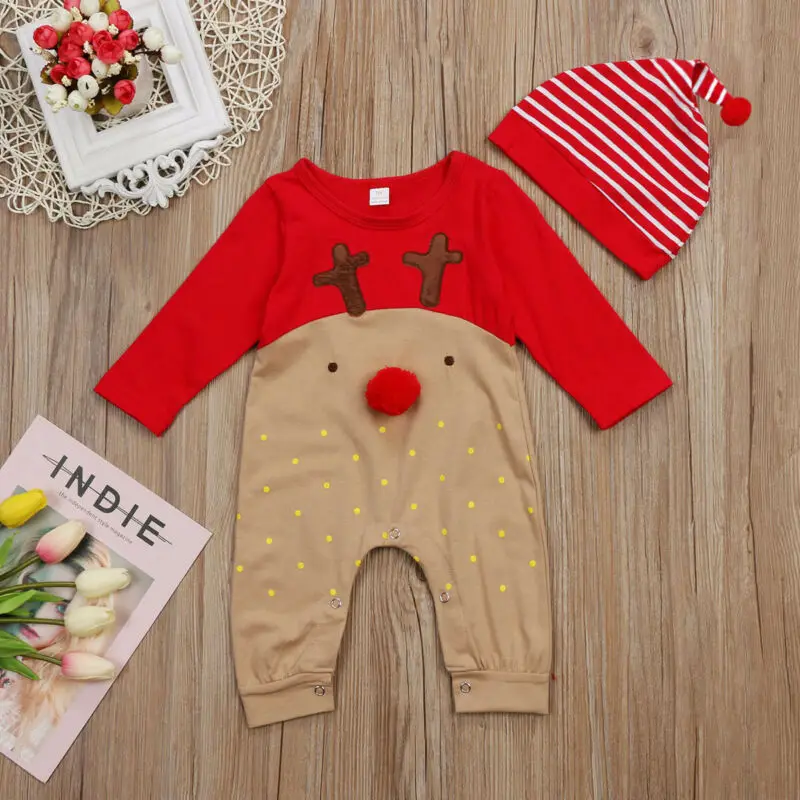 Imcute/комплект из 2 предметов; рождественские боди для новорожденных мальчиков и девочек; комбинезон шапка с длинными рукавами и рисунком оленя; одежда для сна; праздничный костюм; одежда