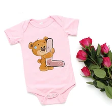 

Custom Name Letter Bear Printed Onesies Summer Fall Newborn Baby Girl Clothes Short Sleeve Baby Bodysuits Pajamas Dropship