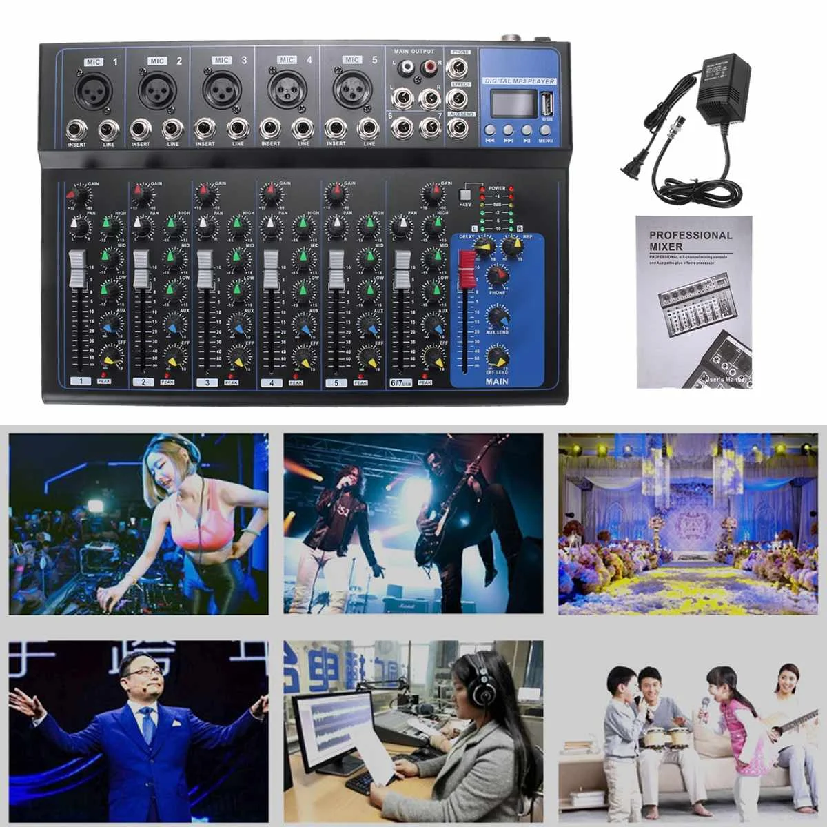 7 канальный портативный аудиомикшер с Bluetooth USB DJ консоль для смешивания звука MP3