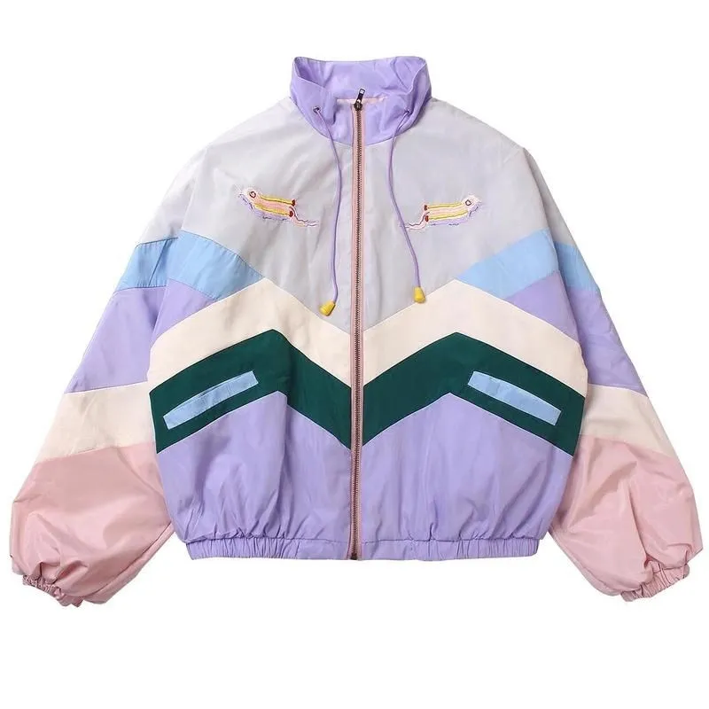 

Women High Street Loose Jacket Patchwork Casual Stand Collar Jacket Long Sleeve Cool Jacket Coat Tracksuit