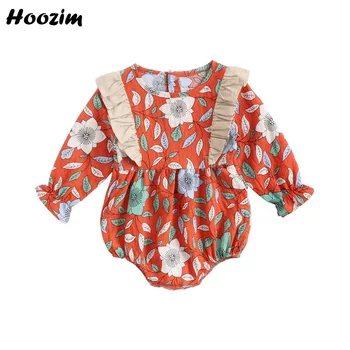 

Spring Flare Long Sleeve Print Flower And Leaf Jumpsuit Baby Beauty Cotton Ruffle Back Button Romper Gilr New Born Baby Clothes