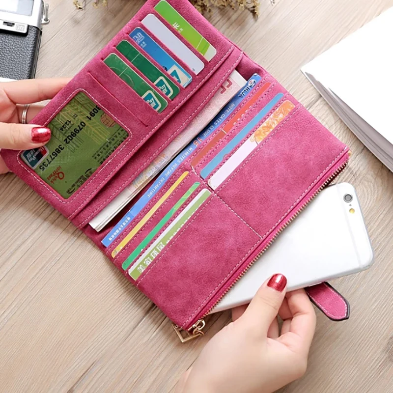 Vintage Women Long Standard Wallets Purse Fold Drawstring Nubuck Leather Zipper Suede Bag Female Simple Design Clutch Handbags synthetic leather wallet leather coin purse leather bill organizer leather hand bag