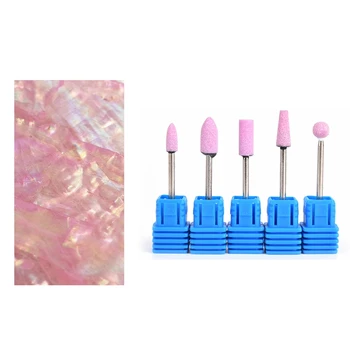 

5Pcs Quartz Nail Drill Kits Nail Art Manicure Blue & 1 Sheet Nail Art Sticker Adhesive Broken Gradient Shell Pink