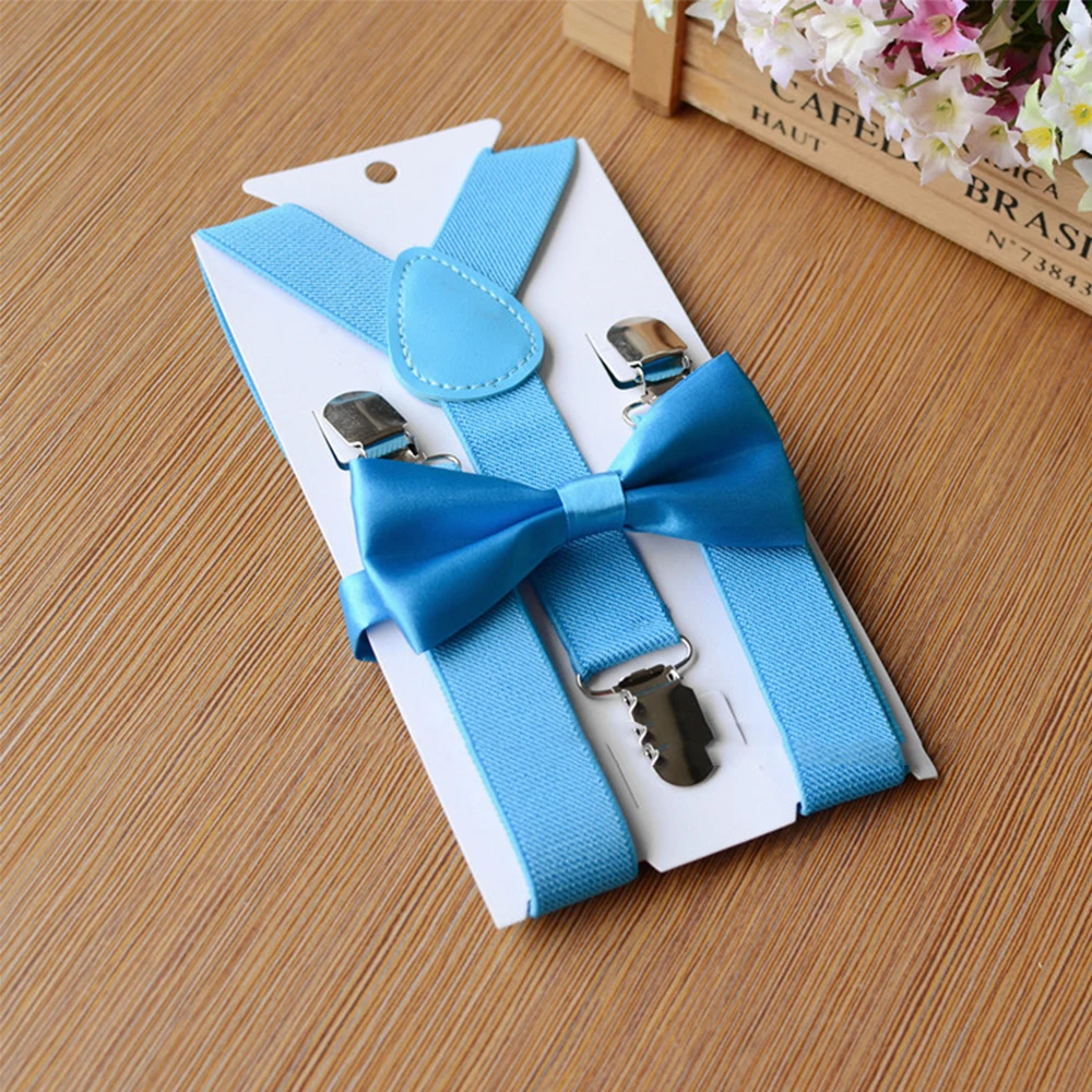 sky blue Детские эластичные подтяжки галстук бабочка, комплект, смокинг, костюм унисекс, для мальчиков и девочек, галстук-бабочка, свадебный костюм Регулируемый y-образный пояс - Цвет: sky blue