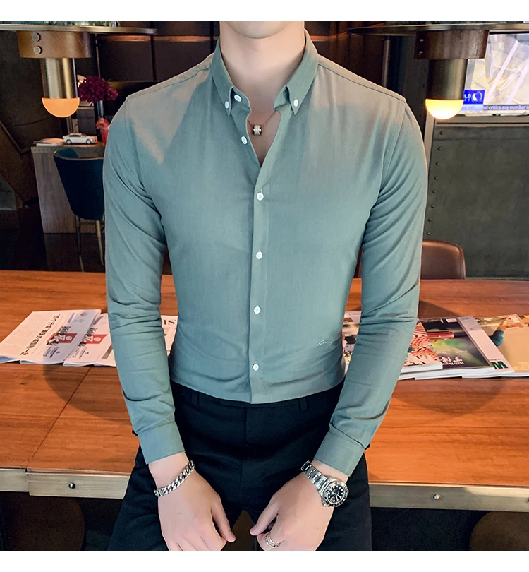 Мужская рубашка в британском стиле; сезон осень-зима; Camisa Slim Fit Hombre; однотонные простые мужские рубашки с длинными рукавами; Высококачественная официальная одежда для мужчин; s
