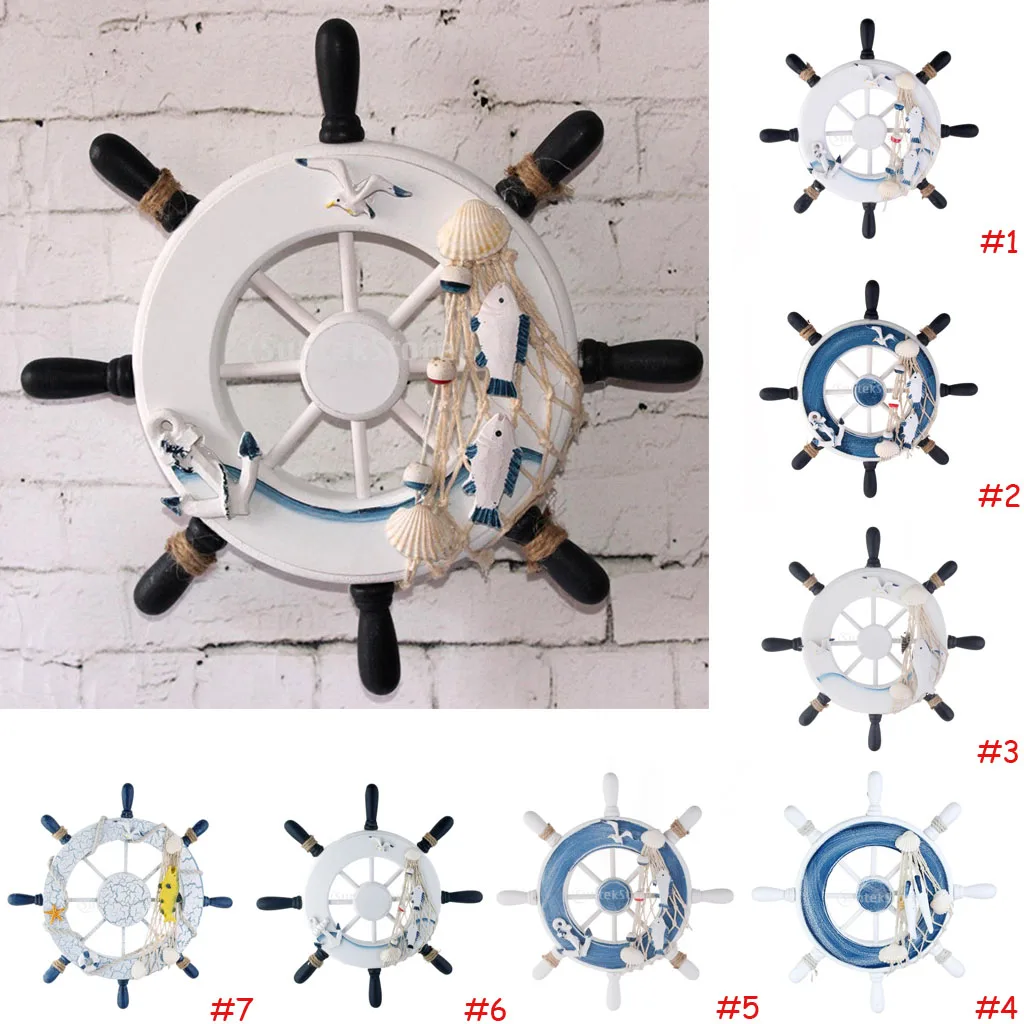 Wood Ship Wheel Nautical Seaside Wall Hanging Hook Nautical Door Plaque Signs for Home Garden Room Wall Decor Cafe Shop Ornament