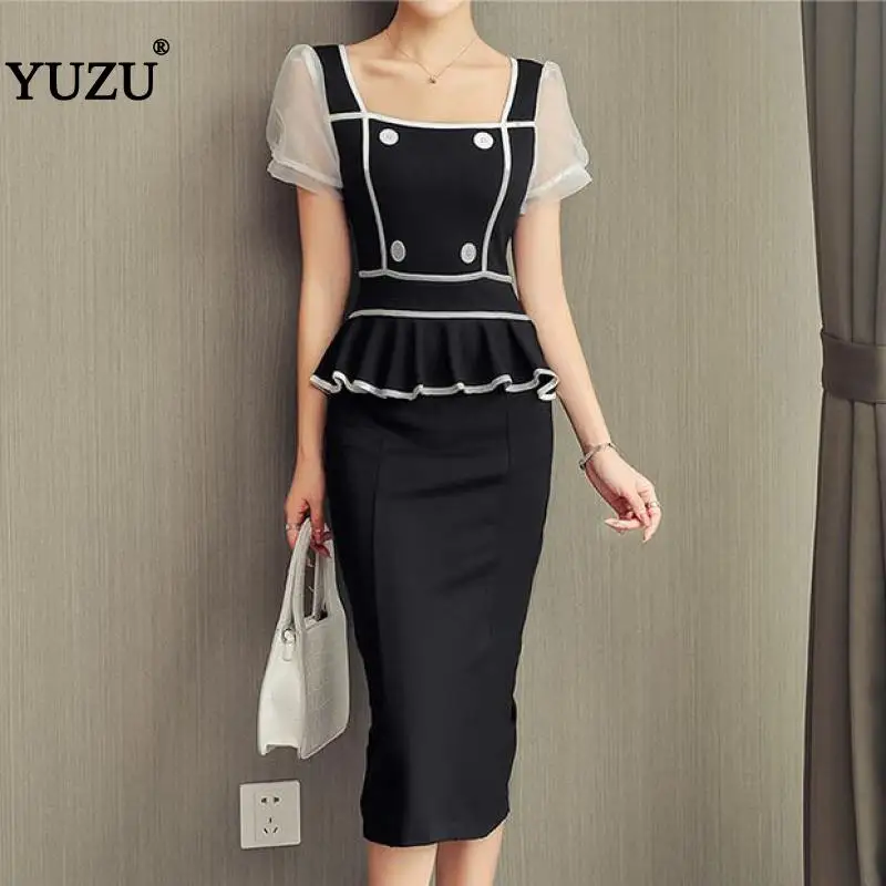 

Office Lady Black Bodycon Dress Ruffles Waist Mesh Short Puff Sleeve Pencil Square Collar Mid-calf Double Breasted Dresses