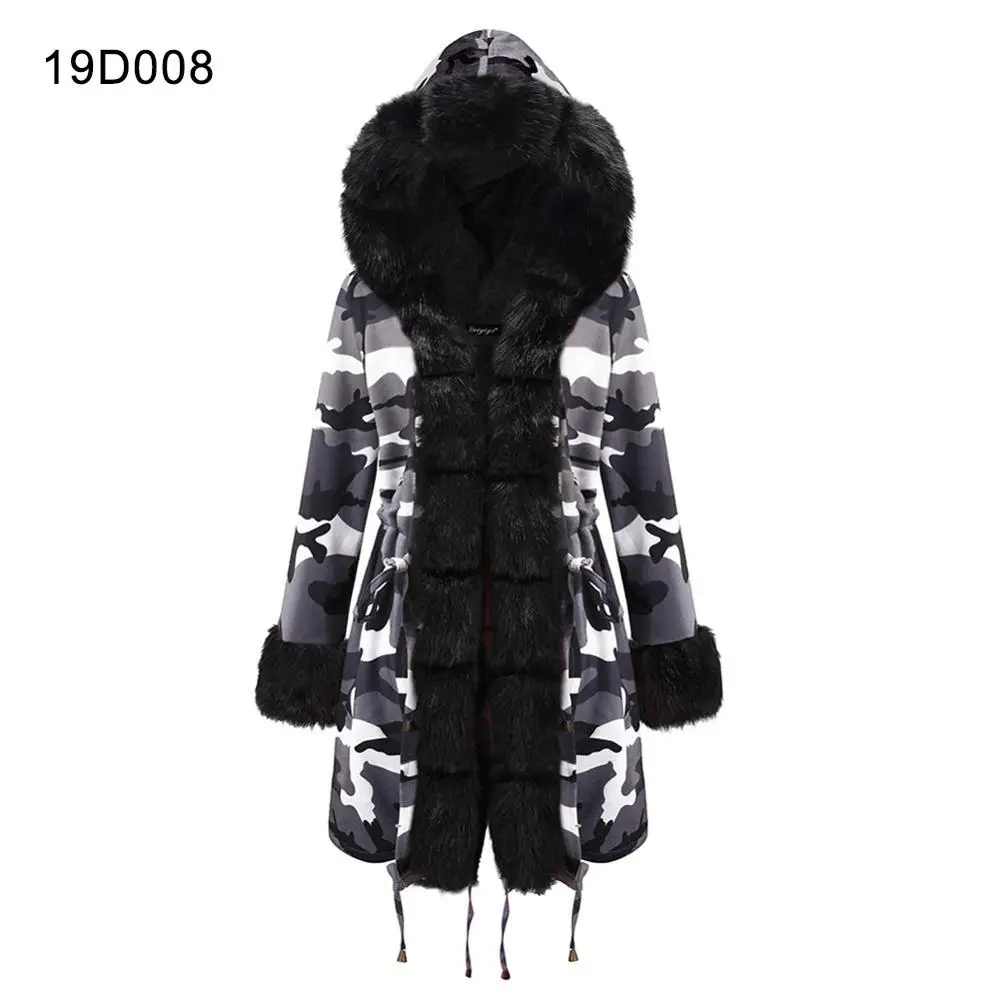 Женская Осенняя зимняя полиэфирная теплая куртка с капюшоном, воротник из искусственного меха, камуфляжное хлопковое пальто, теплые куртки, женские повседневные пальто - Цвет: 19D008