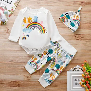 

2019 toddler girl clothes Kid Baby Boy Girls Rainbow Print Romper Bodysuit+ Pants Hat Outfits Sets vetement enfant fille roupas