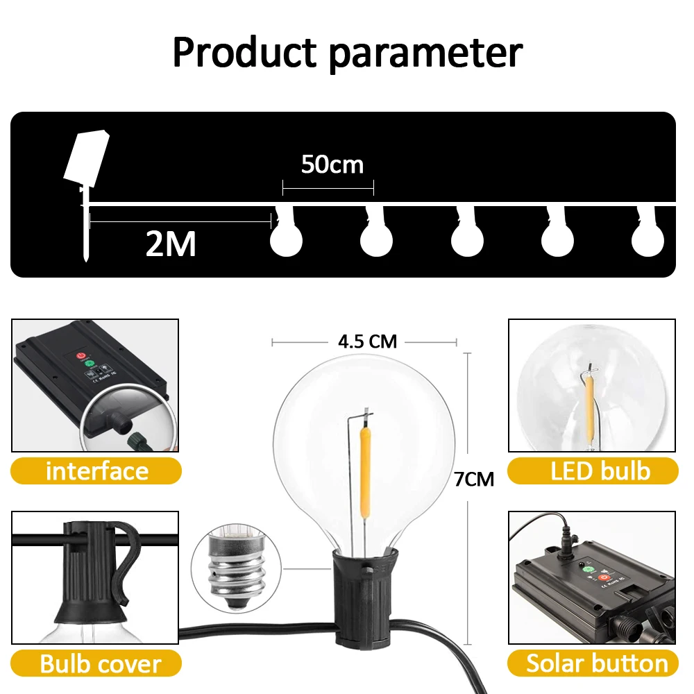 LEDS G40 Solar String Lights Outdoor Patio Lights Solar Powered Waterproof  Globe Hanging Lights with Shatterproof Christmas solar sensor wall light