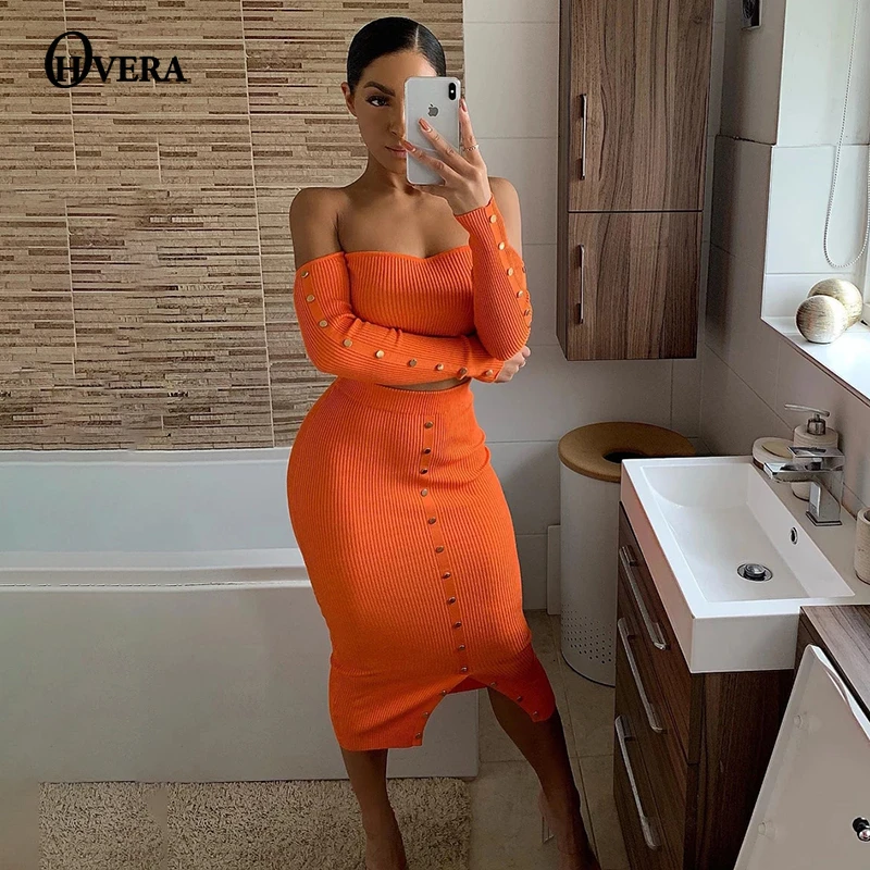 Ohvera Повседневный трикотажный комплект из двух предметов, короткий топ с длинным рукавом и длинные юбки, Женский комплект 2 шт., сексуальная осенняя одежда