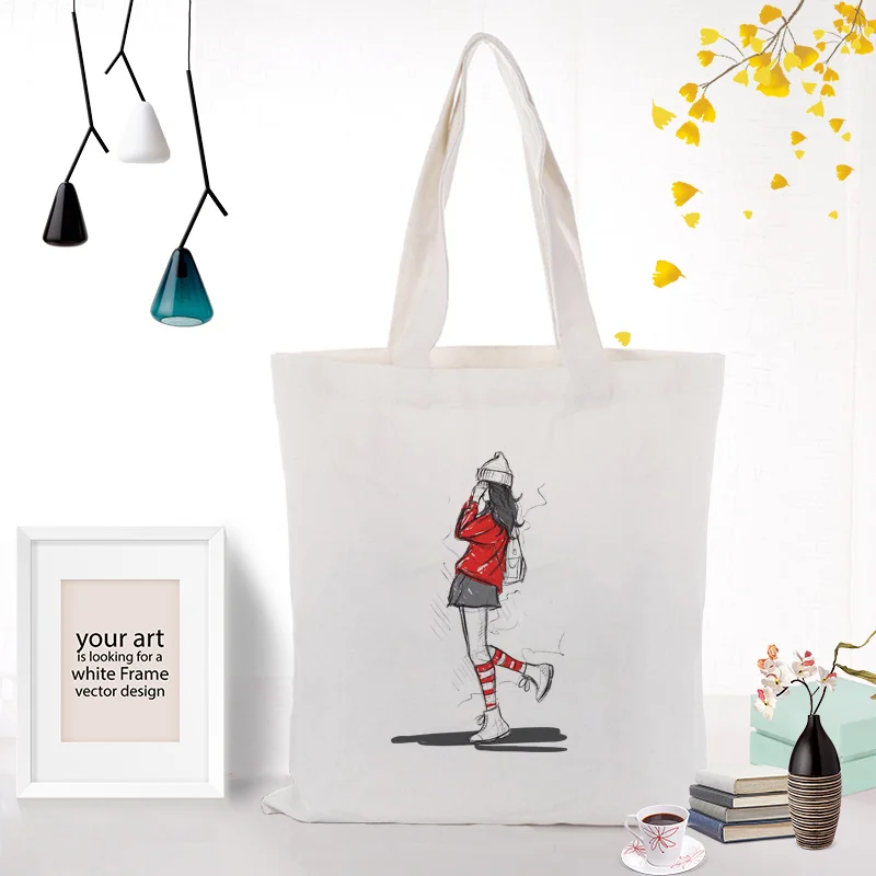illustration girl Tote Bag Shopping Bag Custom Print Logo Canvas Text DIY Daily Use Eco Ecologicas Reusable Recycle Handbag