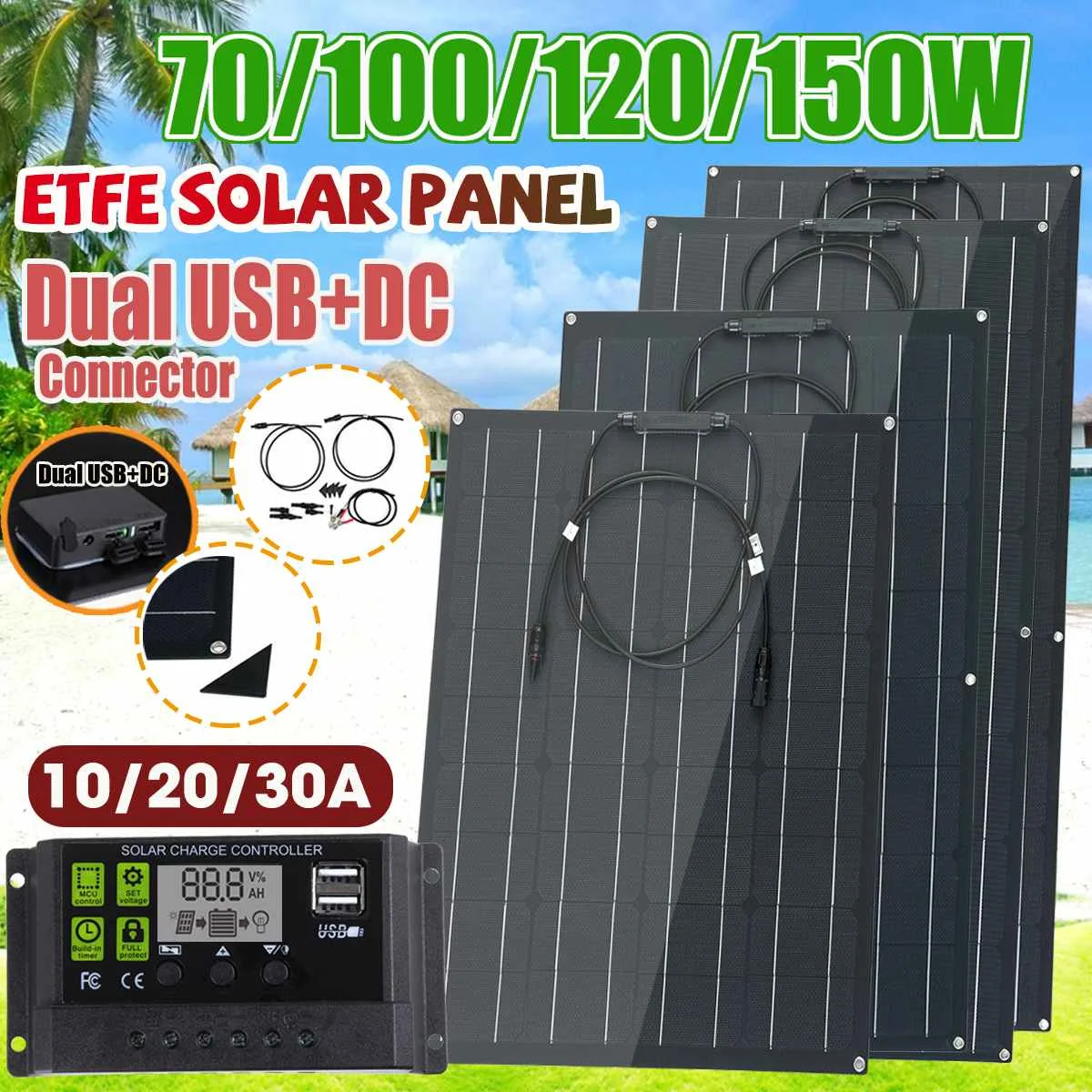 70/100/120/150W ЭТФЭ Панели солнечные MC4 полу-гибкая панель солнечной батареи из монокристаллического кремния солнечных батарей модуль с 10/20/30A контроллер заряда