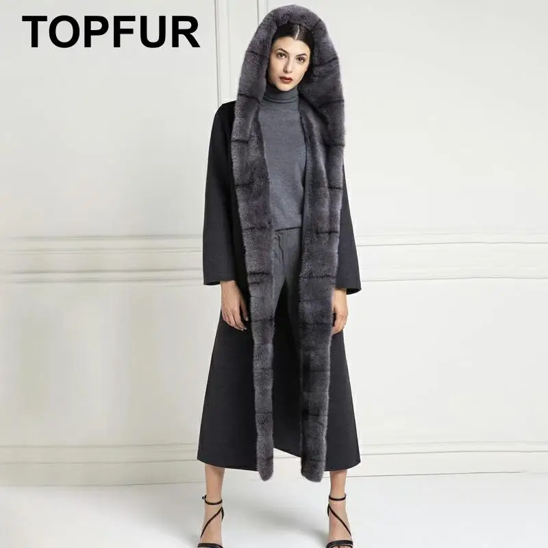 Новинка Женское зимнее пальто TOPFUR из натурального меха темно серое Nizi с поясом X