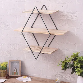 

A1 Rhombus wrought iron wooden wall shelf racks Vintage solid wood wall mounts Creative wall partitions WF