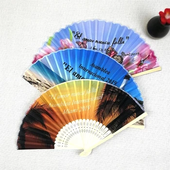 

Custom Personalized logo Hand Folding Elegant Silk Hand Fan Wedding& Party Decoration Favors 20kinds colors
