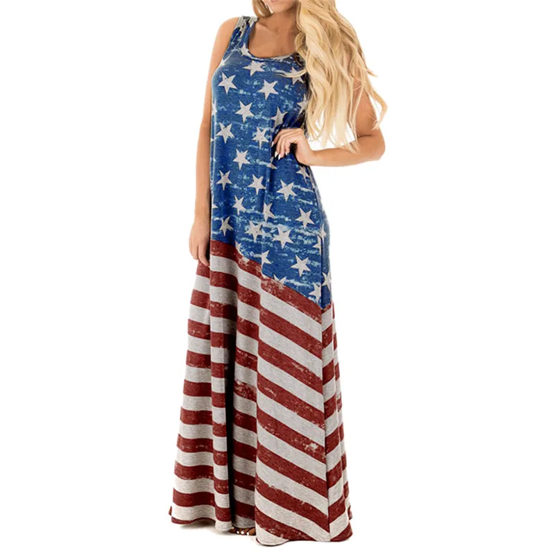 American Flag Independence Day Costume Sexy Women Flag Print Round Neck Sleeveless Long Maxi Casual Beach Dress Women Dress