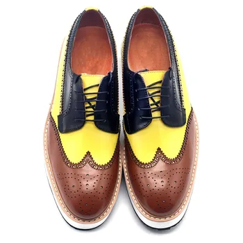 

Colos Mixed Wing Mens Tip Brogue Lace Up Formal Thick Platform Dress Top Quality Cow Genuine Leather Social Shoes