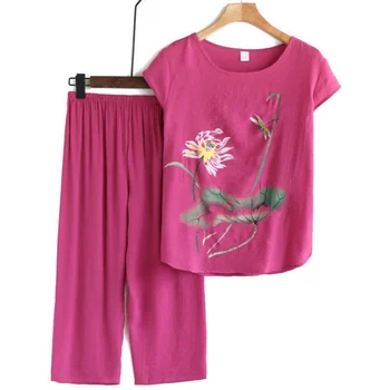 

Cotton Linen Pijamas Suit Ladies Sleepwear Pyjamas Home Clothes Summer Pajamas Plus Size 4XL Casual Women 2PCS Pajama Set