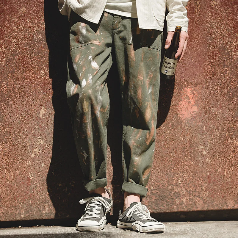 Maden Men's Cotton Retro Handmade Painter's Pants Graffiti Hip-Hop Style Classic Straight Splash Og107 Military Male | Мужская