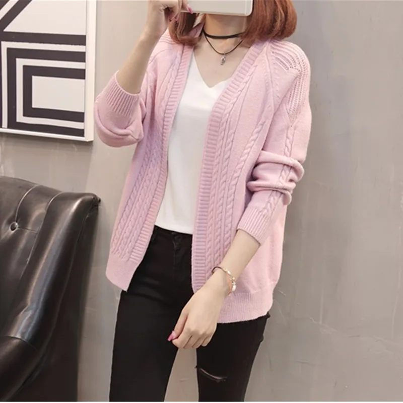 Pink UHYTGF свитер женский вязаный кардиган осенний свитер женский модный ажурный элегантный женский свитер пальто плюс размер 358 - Цвет: Pink