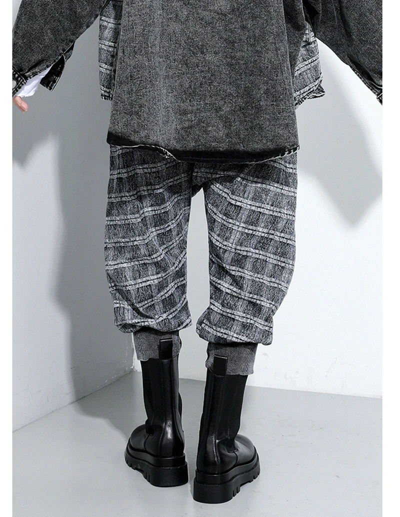 [EAM] High Elastic Waist Black Denim Plaid Harem Trousers New Loose Fit Pants Women Fashion Tide Spring Autumn 2020 1DA090