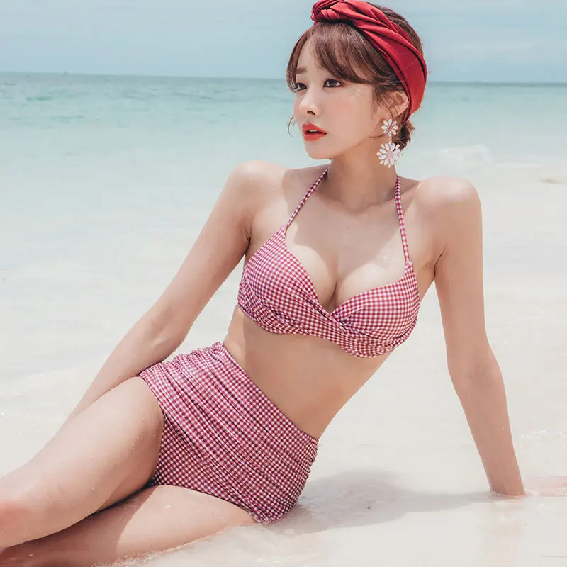 

South Korea New Style Bikini Small Bust Gathering-Slimming Bikini gao yao shi Retro Plaid Two-piece Swimsuits Women's