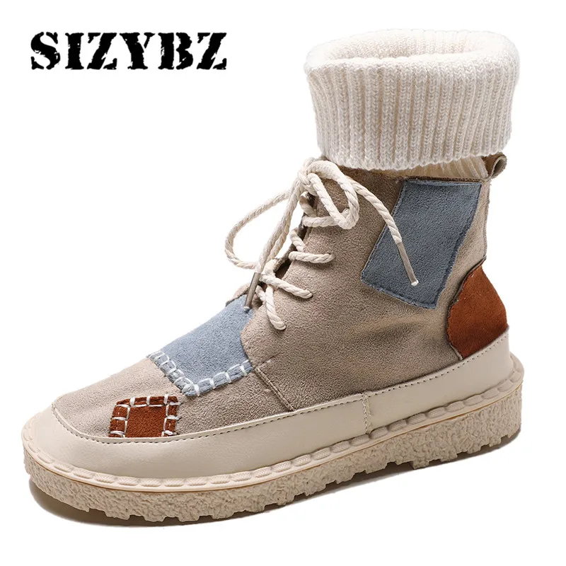 

Hot Autumn Winter high-top boots women explosions suede canvas color matching wild flat shoes Size 35-43 Lace-Up Botas Mujer