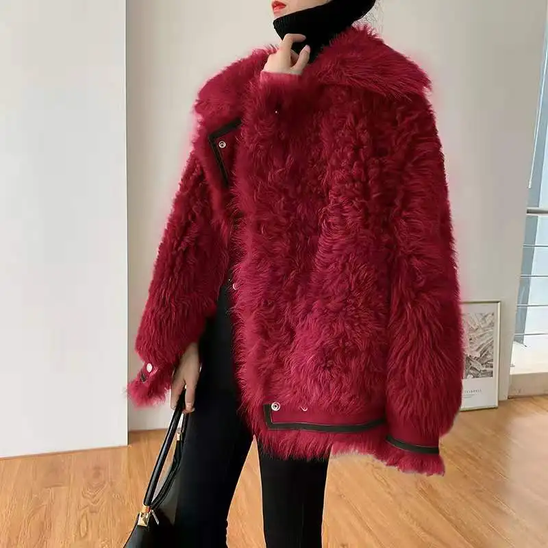 Красный Heydress, Женская Осенняя зимняя куртка из искусственного меха, Женское пальто из овечьей шерсти, женское повседневное теплое пальто с длинным рукавом, зеленая верхняя одежда - Цвет: Красный