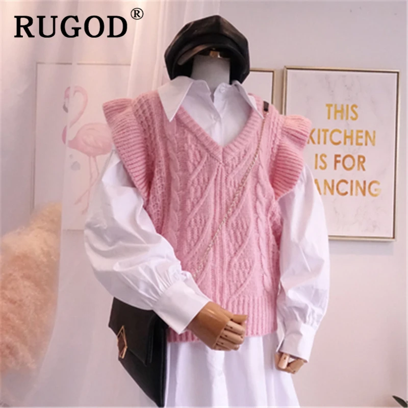 RUGOD, корейский стиль, без рукавов, женский свитер, жилет, модный, однотонный, с оборками, трикотаж, женский,, Auturm, витая, теплая женская одежда