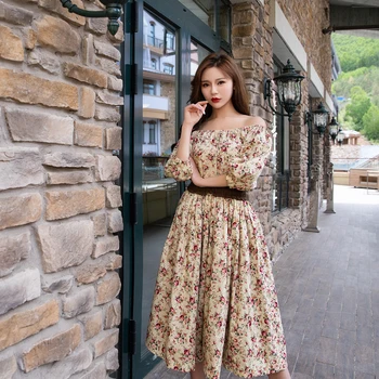 

New Vintage Floral Off Shoulder Female Dresses Elegant Slim Ladies Party Half Puff Sleeve Dress Empire Slash neck TUTU Dresses