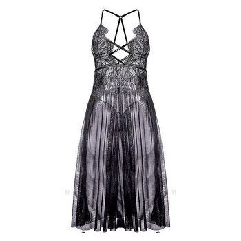

Lace Lingerie Dress See-though Ladies Long Gowns Black Backless Sleepwear Night Dress Nightgown Porno V-neck Womens Clothing