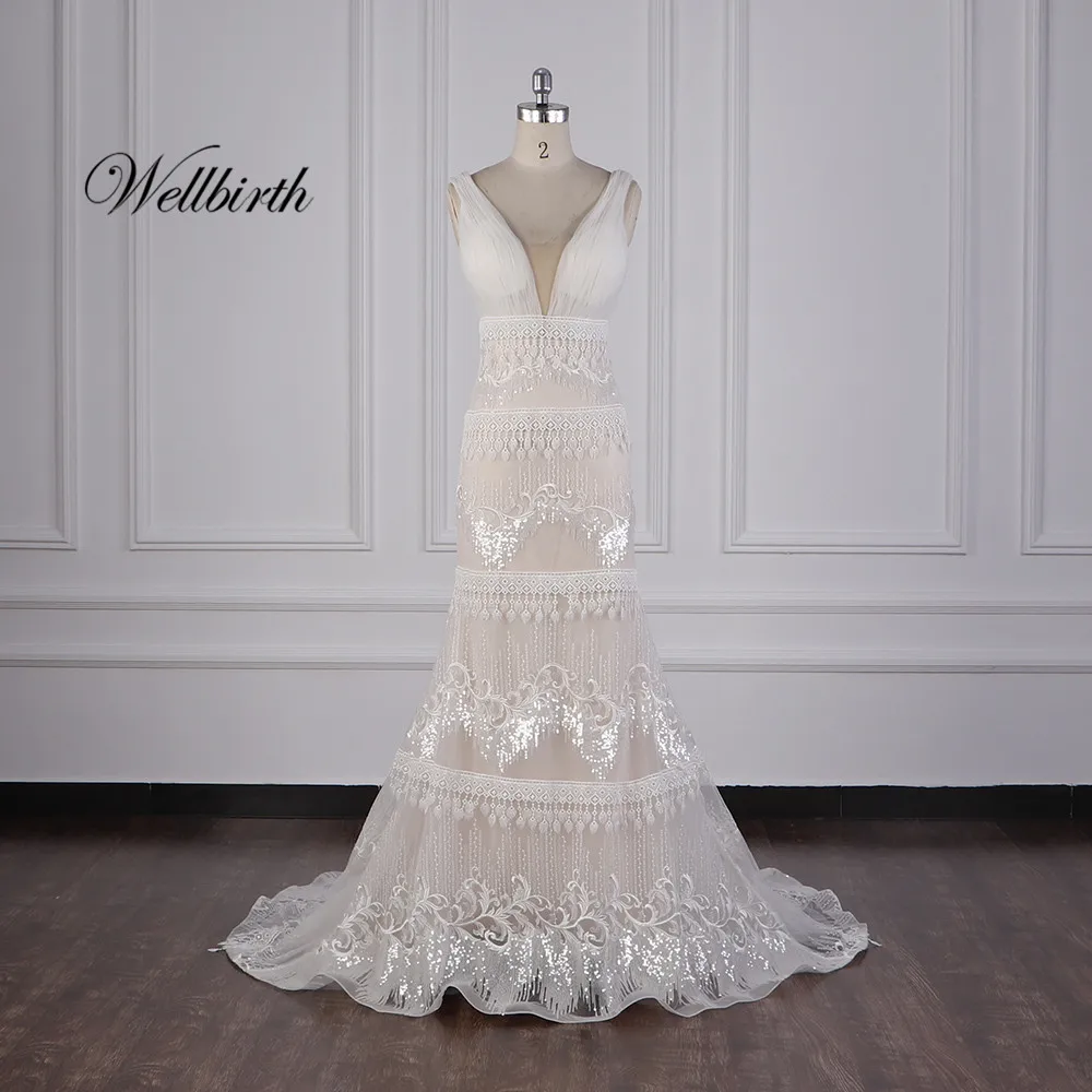 100% реальное изображение Wellbirth Vestido de novia v-образный вырез тюль русалка свадебное