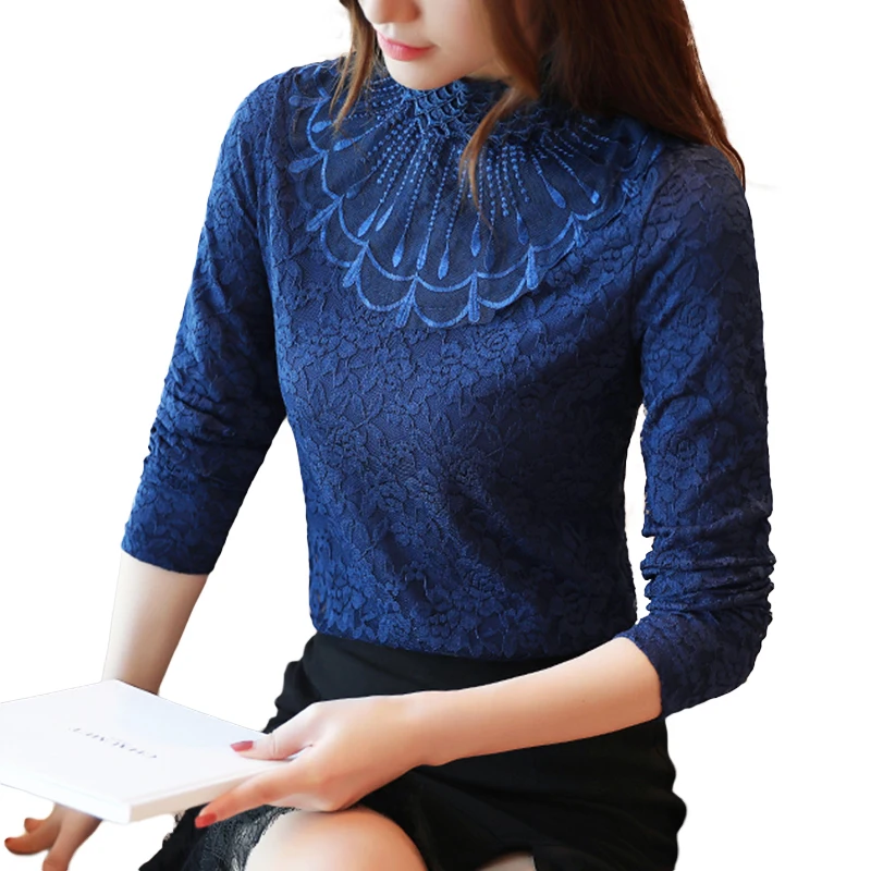 

JUAY KALA Women Blouse Autumn And Winter Warm And Velvet Long-sleeved Slim Lace Bottoming Shirt  