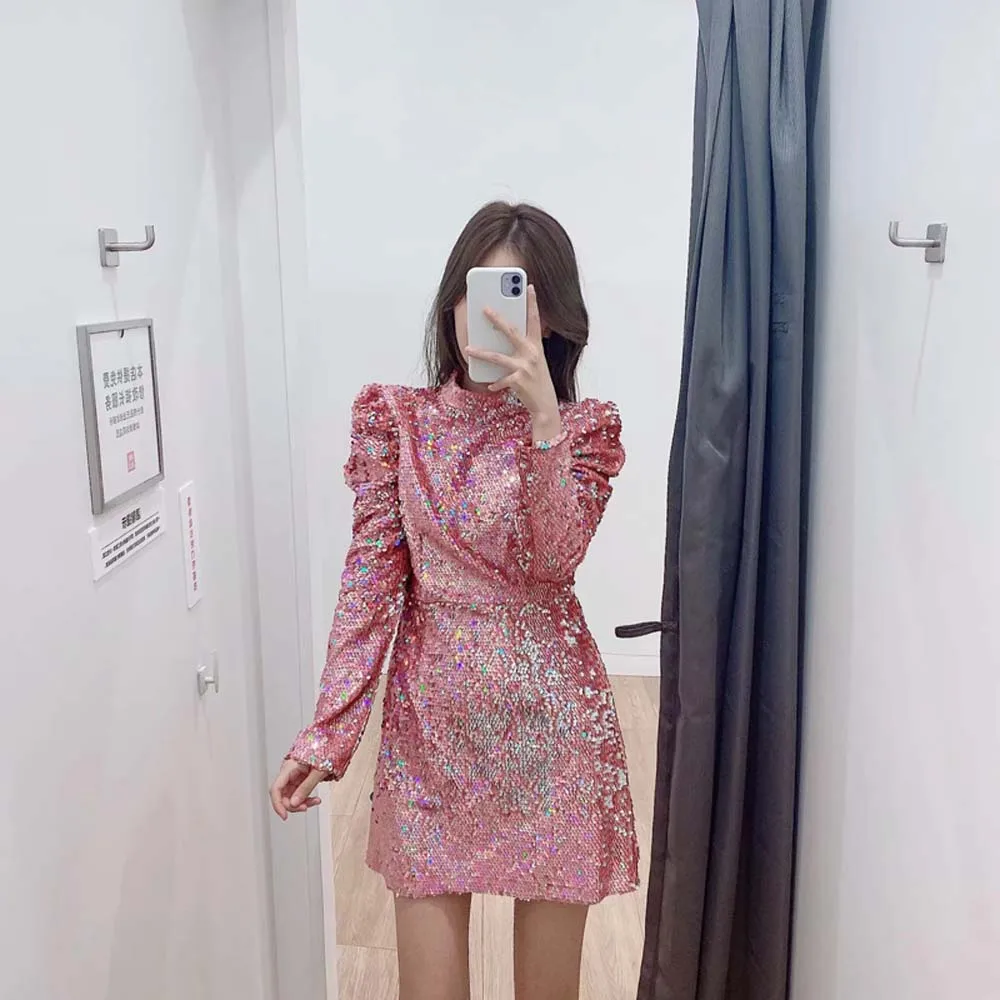 Новинка, женское платье, vestidos, английский стиль, модное, розовое, с блестками, с круглым вырезом, мини, сексуальное, vestidos de fiesta, вечернее платье