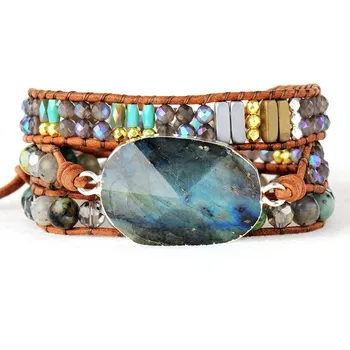 Exclusive Women Bangles Bracelets Natural Stone Crystal 3 Strands Leather Wrap Bracelet Femme Bracelets FemmeGifts Dropship