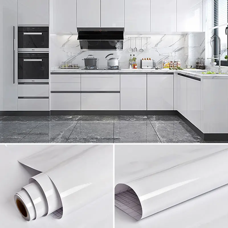 Shiny White Self-Adhesive Peel & Stick in Rolls Waterproof Wallpaper Furniture Films PVC Oil-proof Wall Stickers Kitchen Cabinet