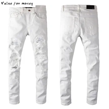 

crystal white Men's holes ripped jeans Fashion slim skinny rhinestone stretch denim pants