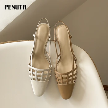 

2020 PENUTA Retro Sandals Ladies Genuine Leather Slingback Shoes High Heel Sexy Women New Designer Shoes Hollow Out Sandal X0046