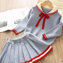 Mayfair Cabin/Детское платье для девочек осенне-зимнее детское платье для девочек милый вязаный пуловер с длинными рукавами и галстуком+ платье, трикотажная одежда с бантом для детей, комплект из 2 предметов