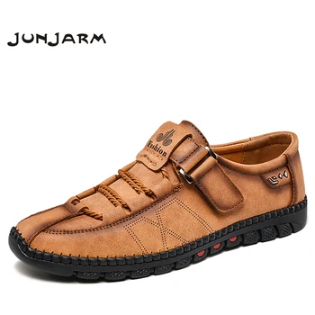 

JUNJARM Handmade Men Casual Shoes Men Sneakers Split Leather Mens Loafers Moccasins Breathable Slip On Boat Shoes Size 38-47