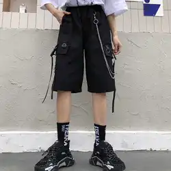2022 nova womens shorts fitas de cintura alta curto harajuku 2021 verão preto perna larga carga shorts femininos calças sólidas