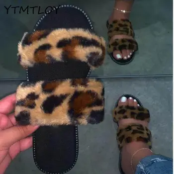 

2020 Fashion Pink Furry Slides for Women Designer Slides New Spring Summer Plush Slippers Fluffy Furry Slippers Leopard Zapato